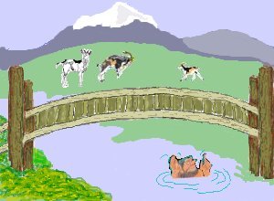 Troll in stream, goats on hillside